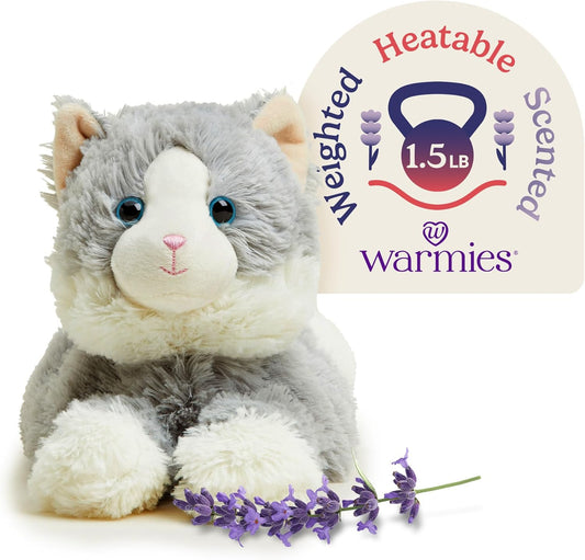 Microwavable & Weighted Stuffed Animals, Laying down Gray Cat - Heated Stuffed Animal Plushie for Warmth & Comfort - Cute Soft Plush Toys for Boys, Girls, Babies & Toddlers