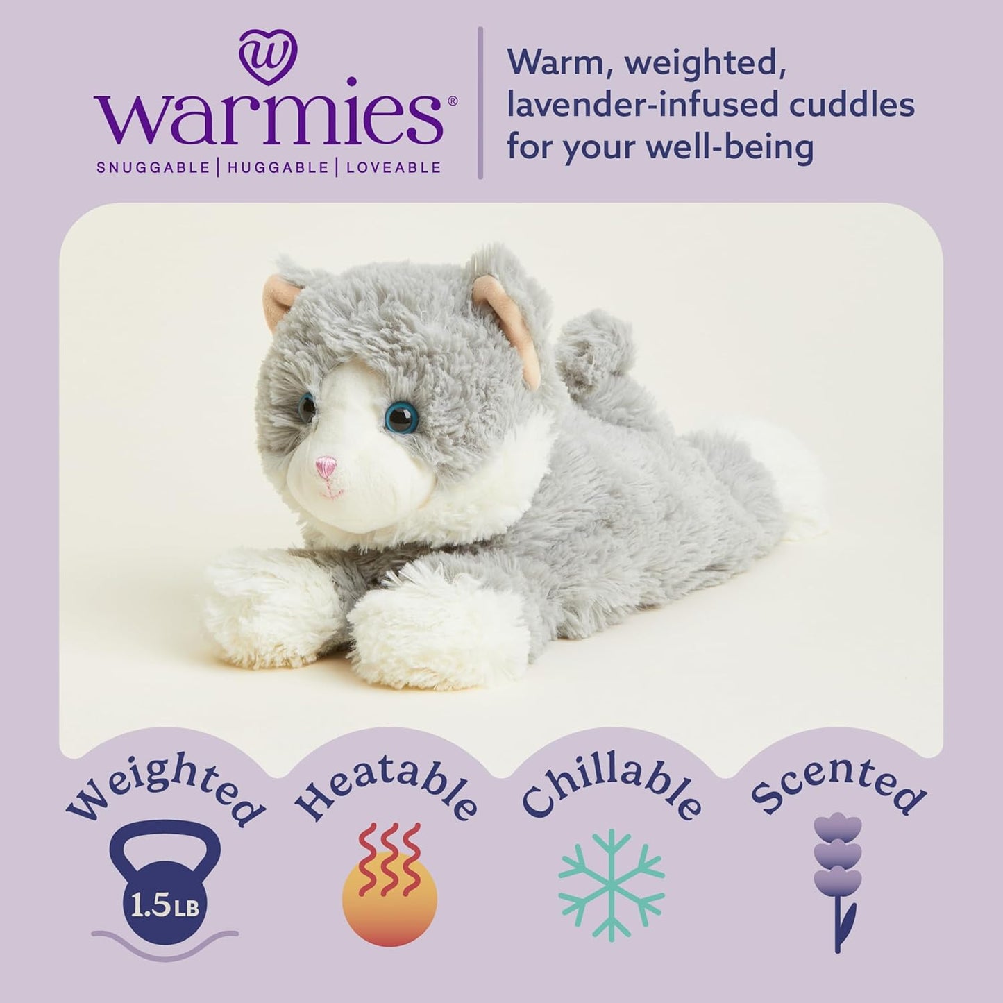 Microwavable & Weighted Stuffed Animals, Laying down Gray Cat - Heated Stuffed Animal Plushie for Warmth & Comfort - Cute Soft Plush Toys for Boys, Girls, Babies & Toddlers