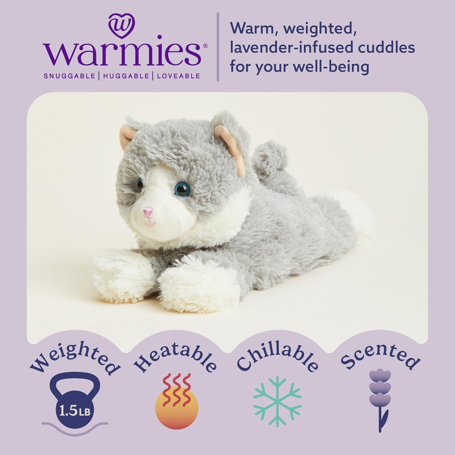 Microwavable & Weighted Stuffed Animals, Laying down Gray Cat - Heated Stuffed Animal Plushie for Warmth & Comfort - Cute Soft Plush Toys for Boys, Girls, Babies & Toddlers