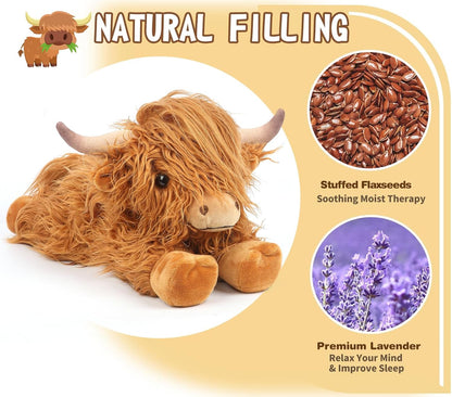 Highland Cow Stuffed Animals, Microwavable Stuffed Animals Heating Pad for Cramps, Pain Stress Relief, Heatable & Coolable Lavender Scented Cow Plush Toy for Anxiety, Women Kid Bedtime Highland Cattle